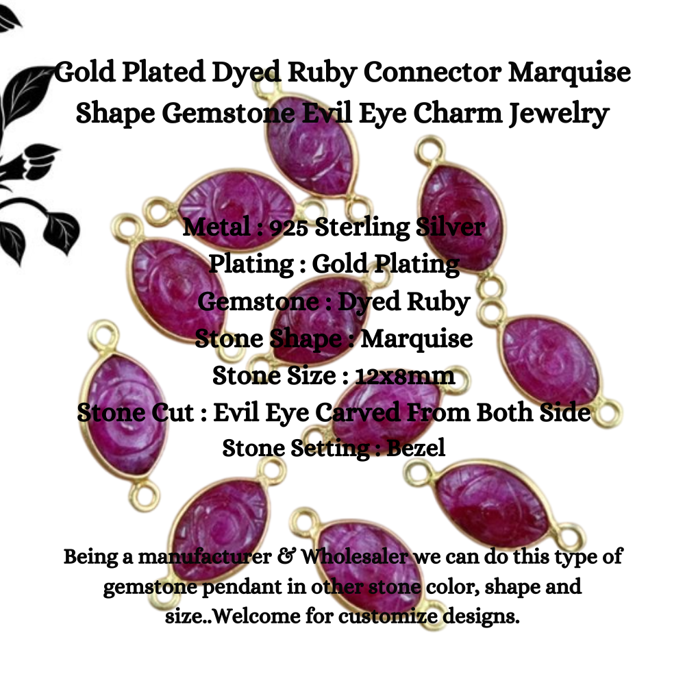 Gold Plated Dyed Ruby Connector Marquise Shape Gemstone Evil Eye Charm Jewelry Making Findings- Selling Per Piece