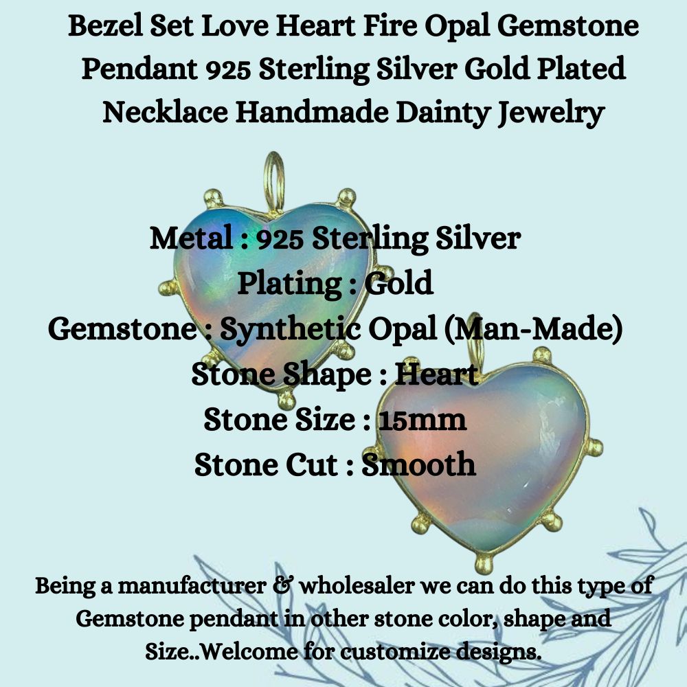 Bezel Set Love Heart Fire Opal Gemstone Pendant 925 Sterling Silver Gold Plated Necklace Handmade Dainty Jewelry for Her- Selling Per Piece