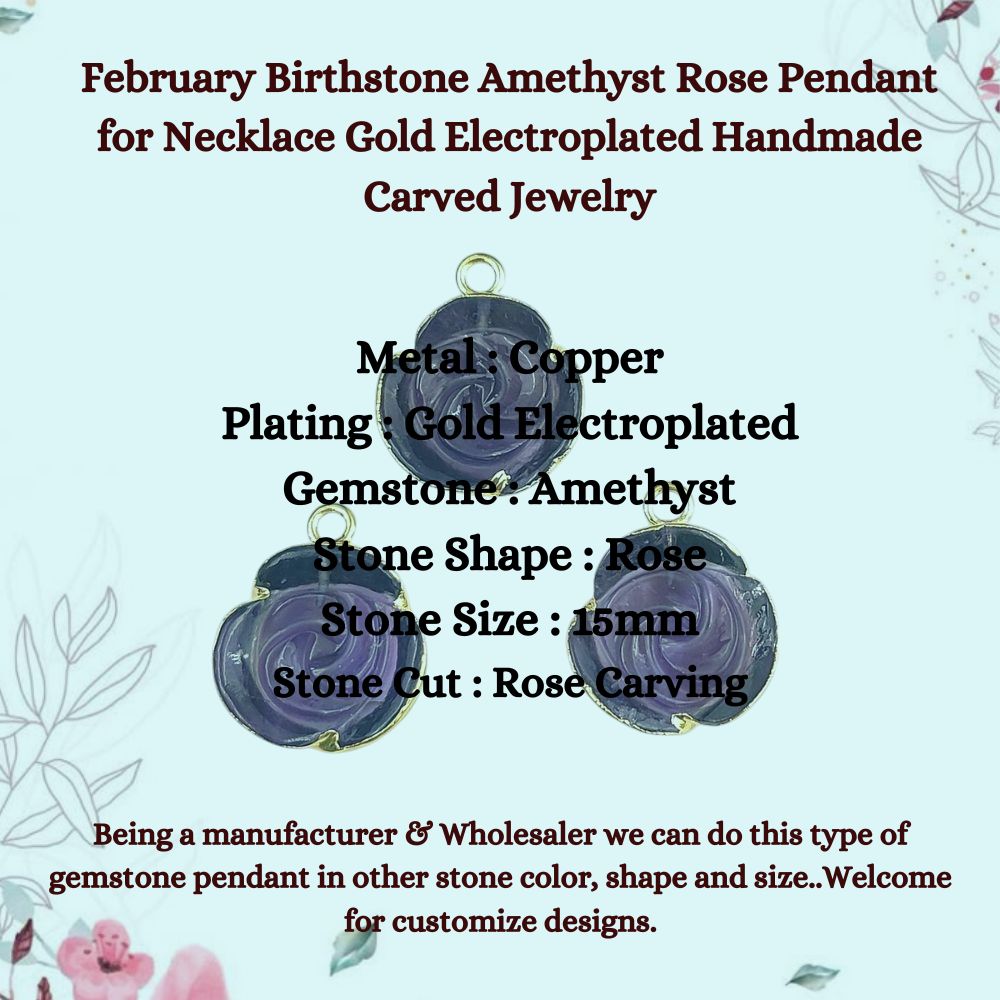February Birthstone Amethyst Rose Pendant for Necklace Gold Electroplated Handmade Carved Jewelry for Anniversary Gift- Selling Per Piece