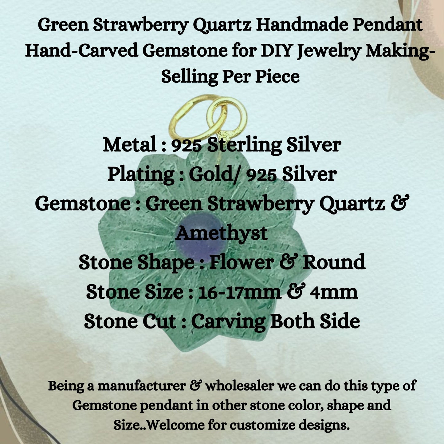 Green Strawberry Quartz Handmade Pendant Hand-Carved Gemstone for DIY Jewelry Making- Selling Per Piece