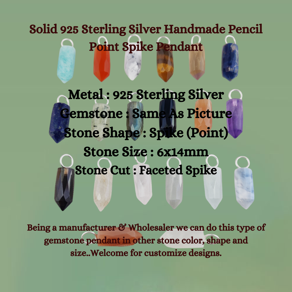 Solid 925 Sterling Silver Handmade Pencil Point Spike Pendant Multi Gemstone Necklace Making Jewelry- Selling Per Piece