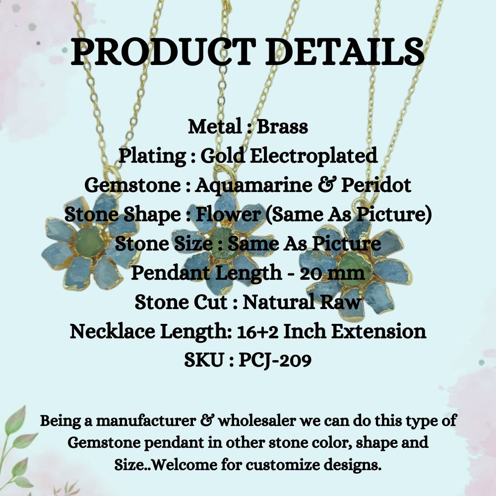 Natural Aquamarine and Peridot Crystal Necklace Raw Gemstone Flower Pendant Unique Gift Jewelry- Selling Per Piece
