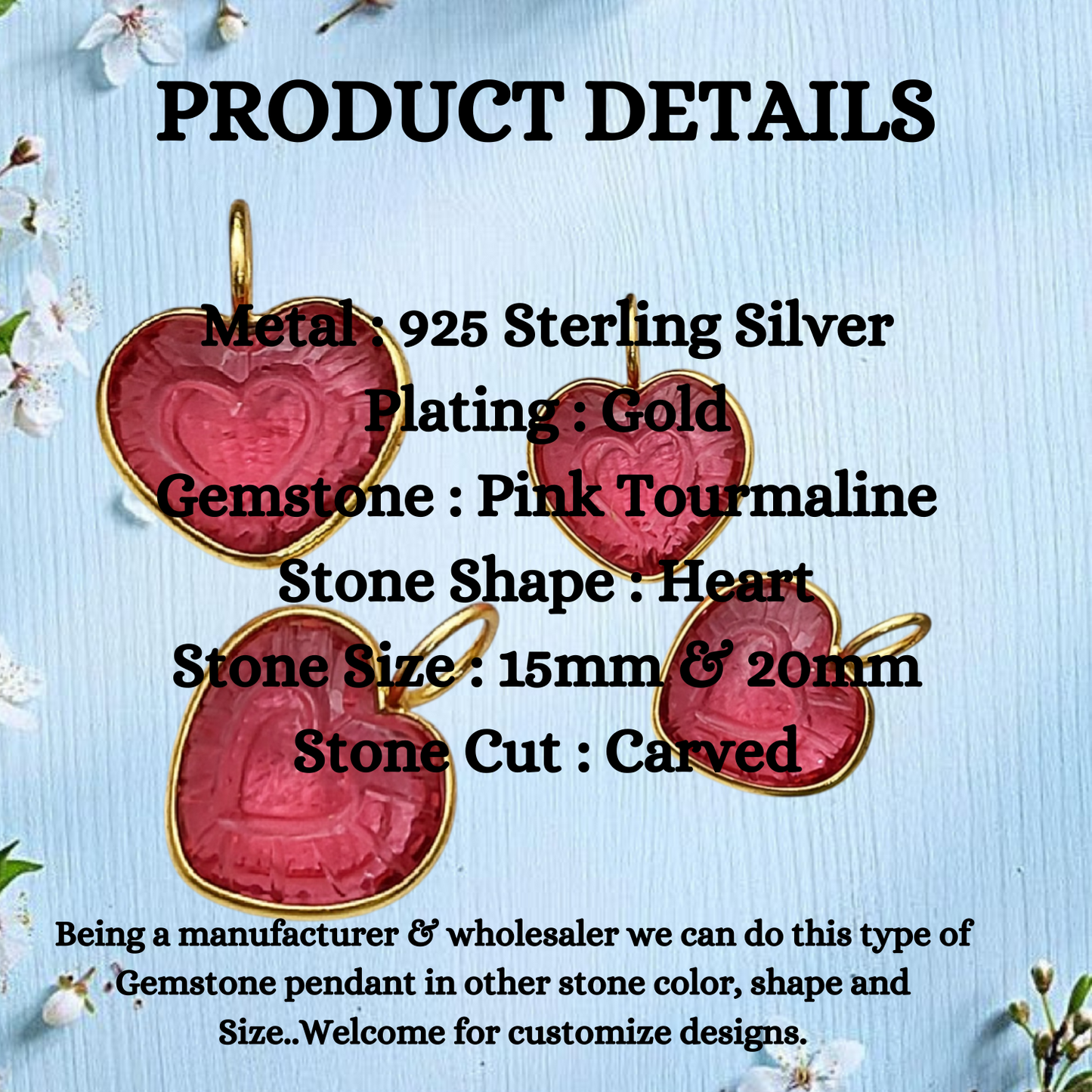 Pink Tourmaline Heart Shaped Pendant Gold Plated Sterling Silver Jewelry for Her- Selling Per Piece
