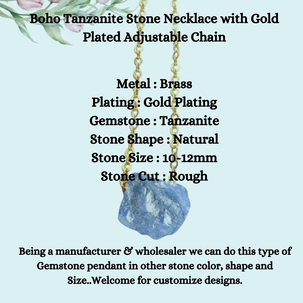 Boho Tanzanite Stone Necklace with Gold Plated Adjustable Chain