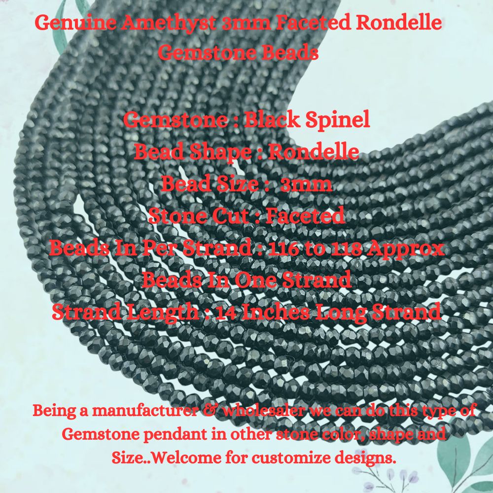 Black Spinel 3mm Faceted Gemstone Rondelle Beads