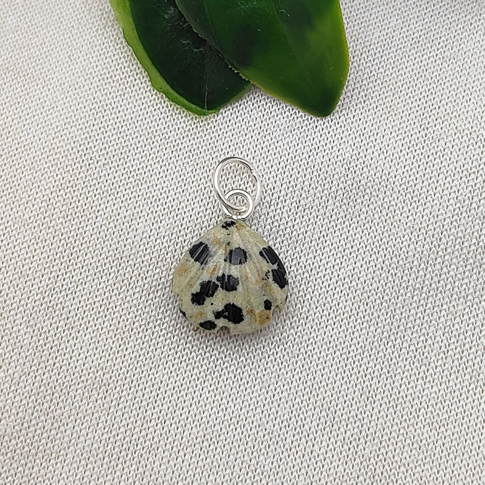 Handmade Dalmatian Jasper Pendant Heart Seashell Charm in Gold Plated Sterling Silver