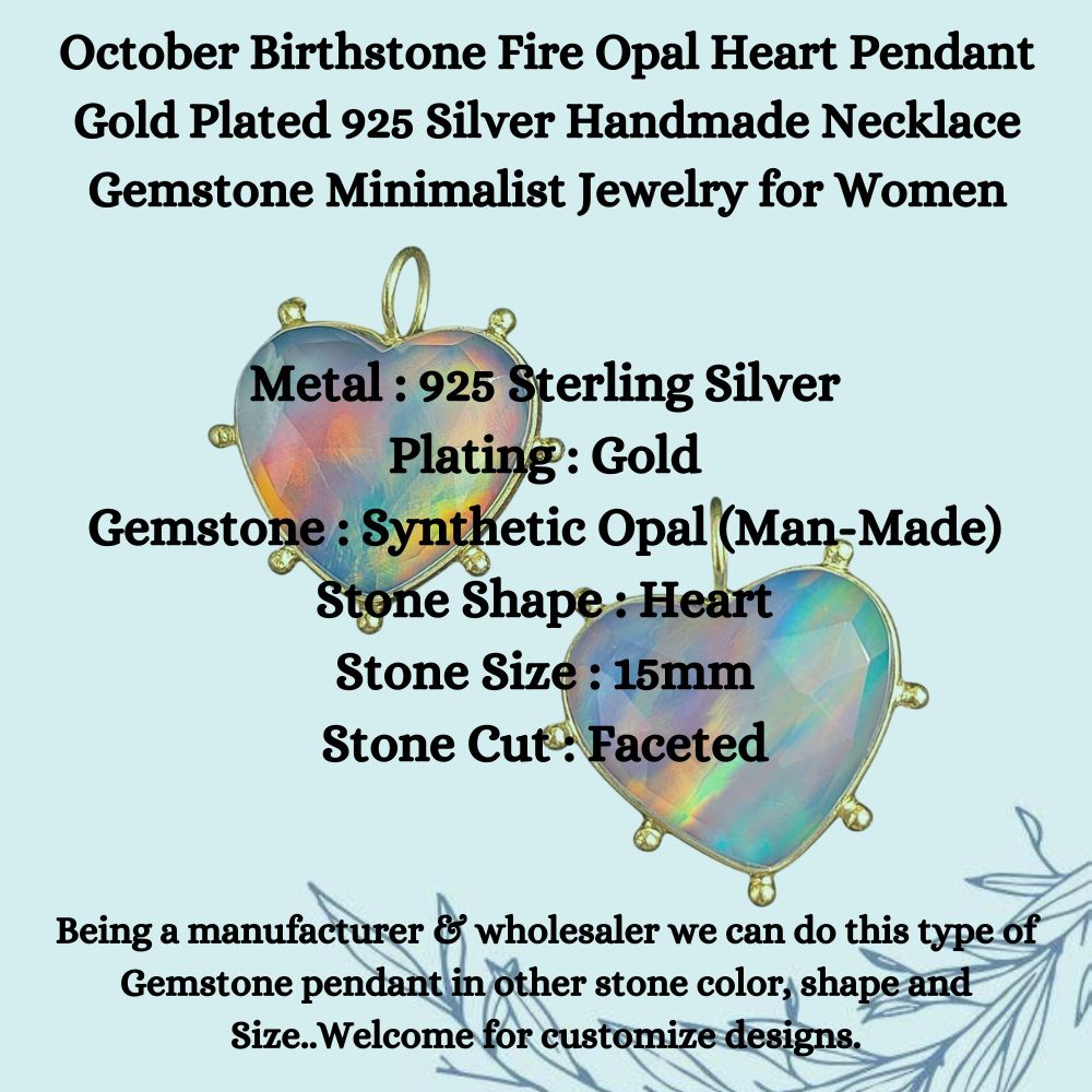 October Birthstone Fire Opal Heart Pendant Gold Plated 925 Silver Handmade Necklace Gemstone Minimalist Jewelry for Women- Selling Per Piece