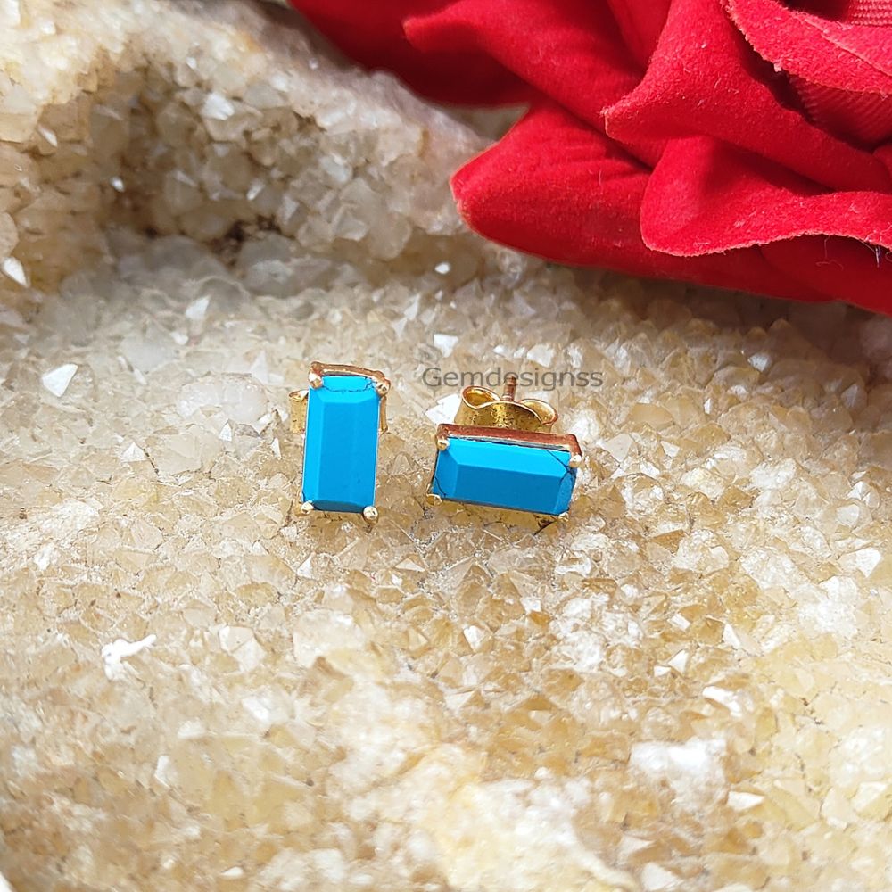 Gold Plated Blue Turquoise Earrings Sterling Silver Prong Set Gemstone Studs Elegant Birthstone Jewelry- Selling/Pair