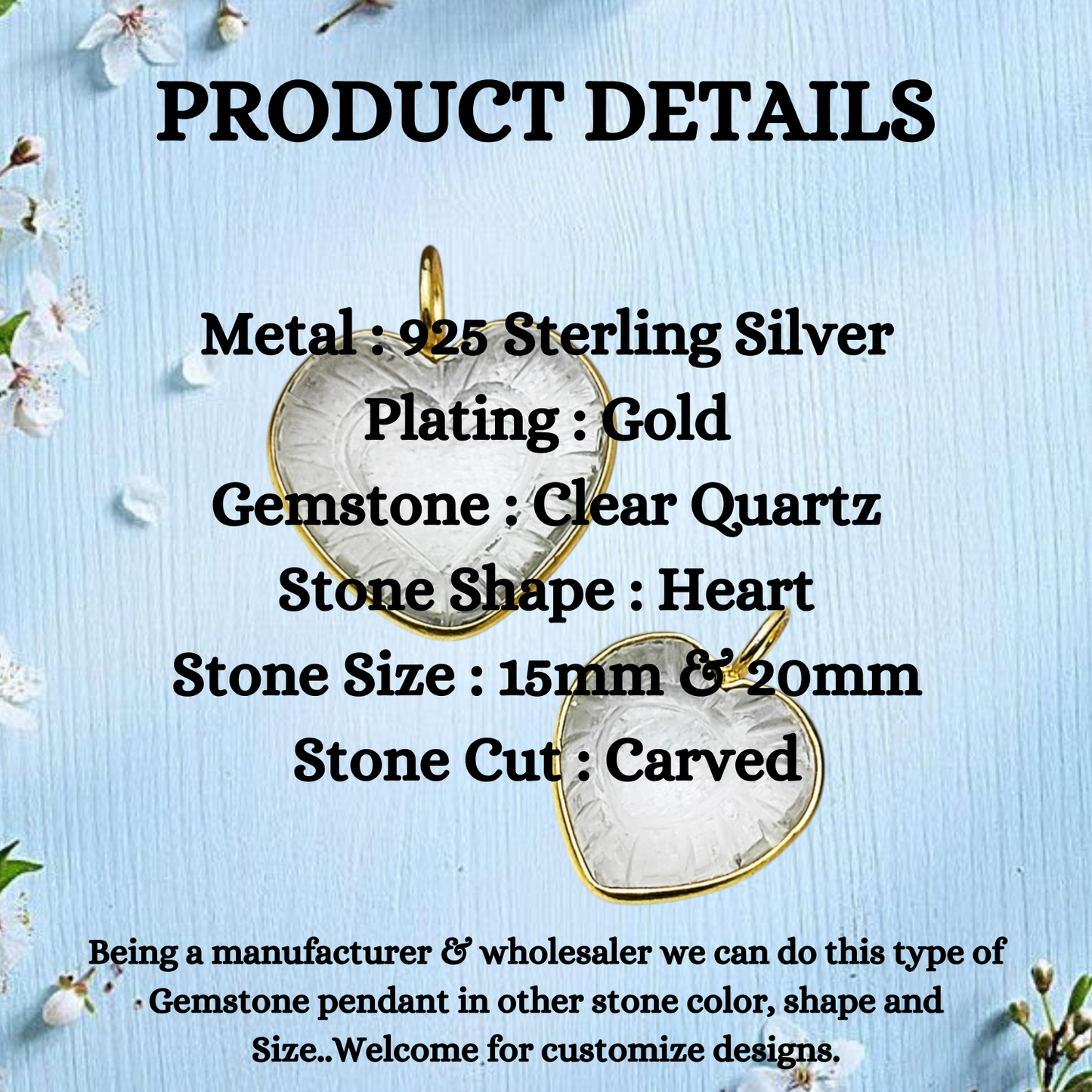 Elegant Clear Quartz Heart Pendant Handmade Gemstone Jewelry in Gold Plated Sterling Silver- Selling Per Piece