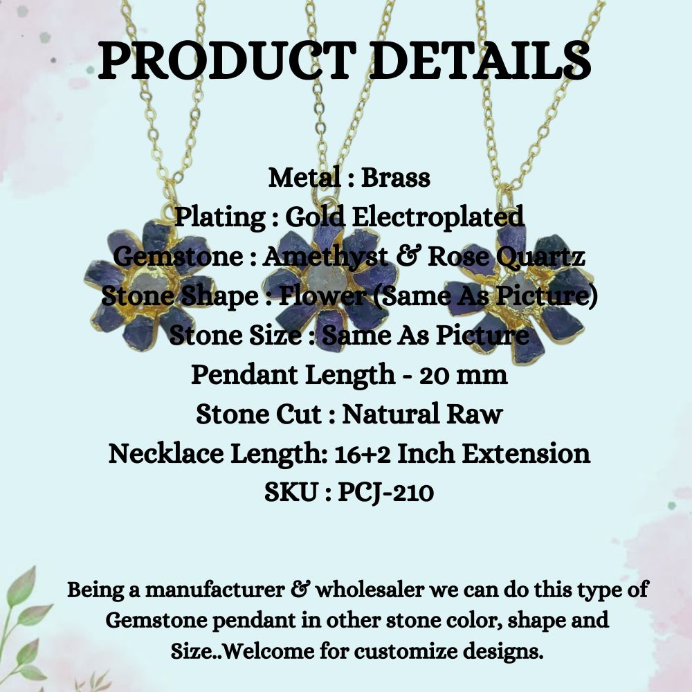 Purple Amethyst Flower Pendant Necklace Handmade Raw Gemstone Jewelry Bohemian Gift for Women- Selling Per Piece