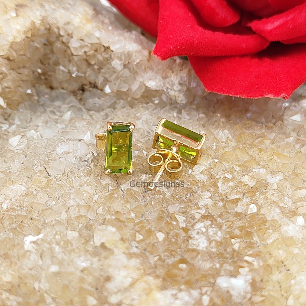 Baguette Cut Green Peridot Stud Earrings Gold Plated 925 Silver Studs Dainty Gemstone Jewelry- Selling Per Pair