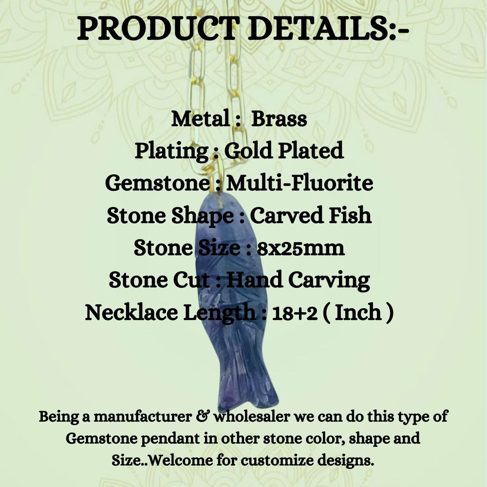 Fluorite Gemstone Fish Necklace Hand-Carved Bohemian Pendant on Elegant Gold Paperclip Chain- Selling Per Piece