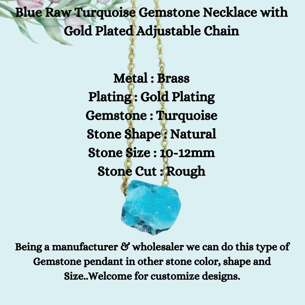 Blue Raw Turquoise Gemstone Necklace with Gold Plated Adjustable Chain