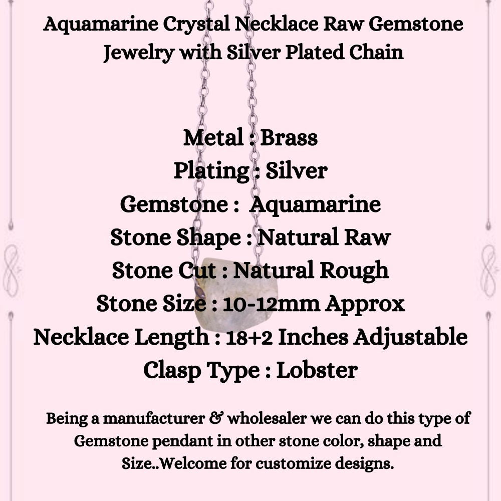 Aquamarine Crystal Necklace Raw Gemstone Jewelry with Silver Plated Chain