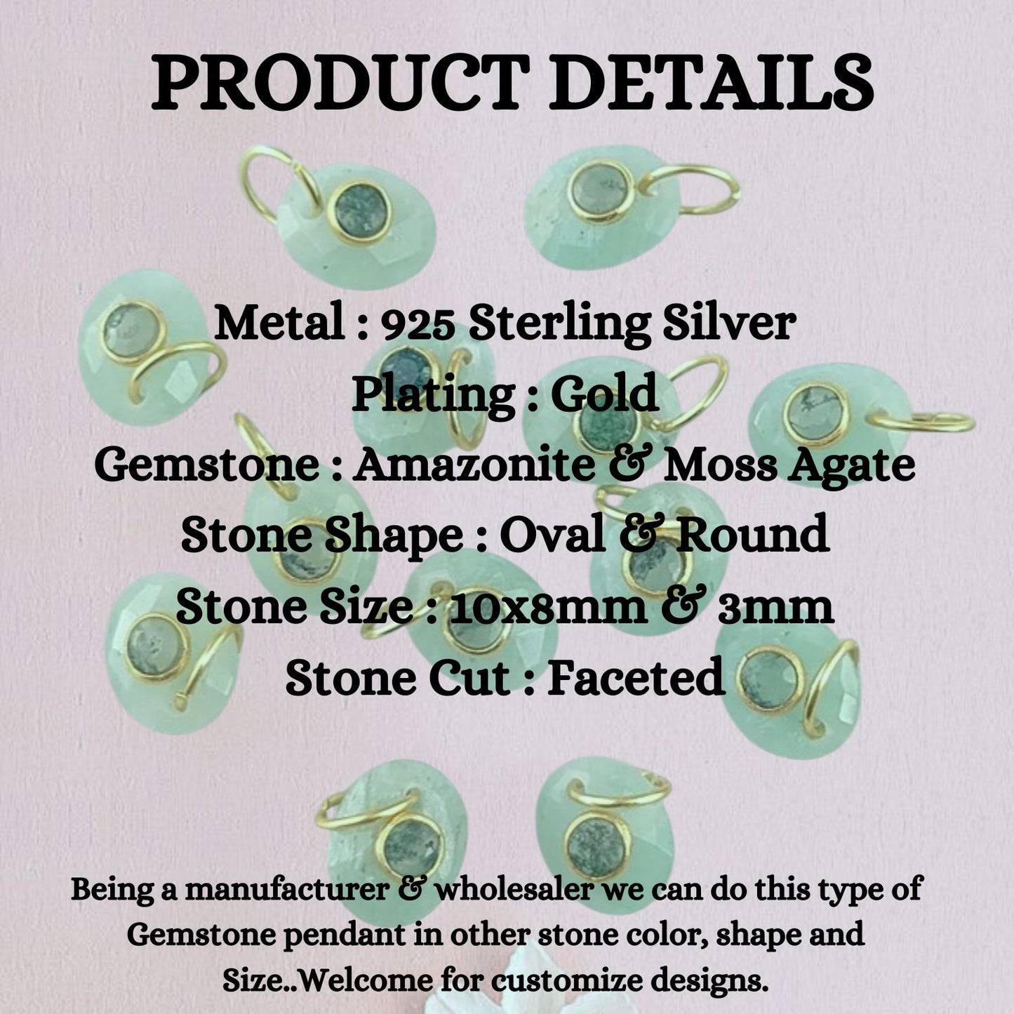 10x8mm Oval Amazonite Pendant Gold Plated 925 Silver Charms with Moss Agate for Healing & Spiritual Jewelry- Selling Per Piece