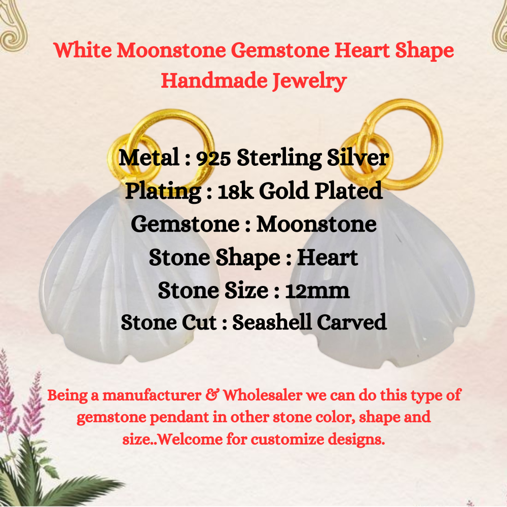 Sea Shell Carved Pendant in Gold Plated Sterling Silver White Moonstone Gemstone Heart Shape Handmade Jewelry- Selling Per Piece