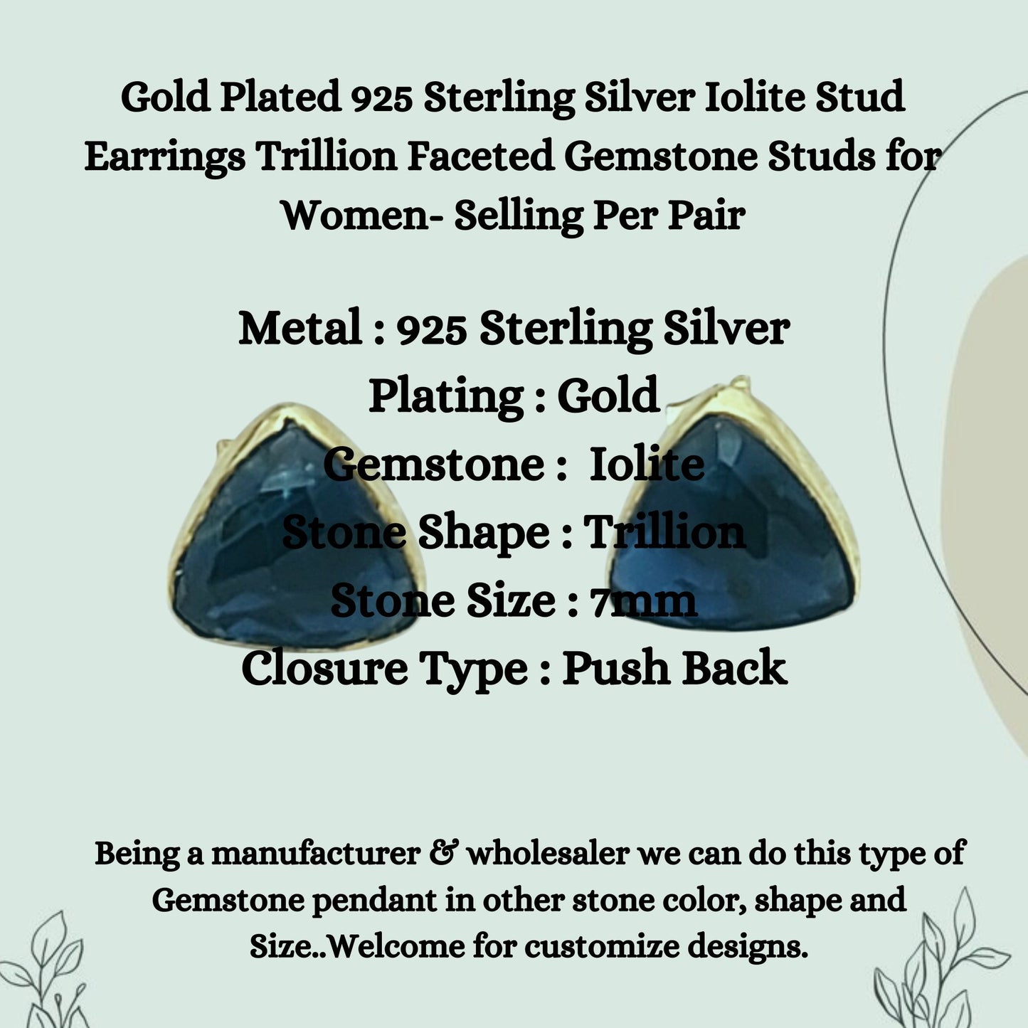Gold Plated 925 Sterling Silver Iolite Stud Earrings Trillion Faceted Gemstone Studs for Women- Selling Per Pair
