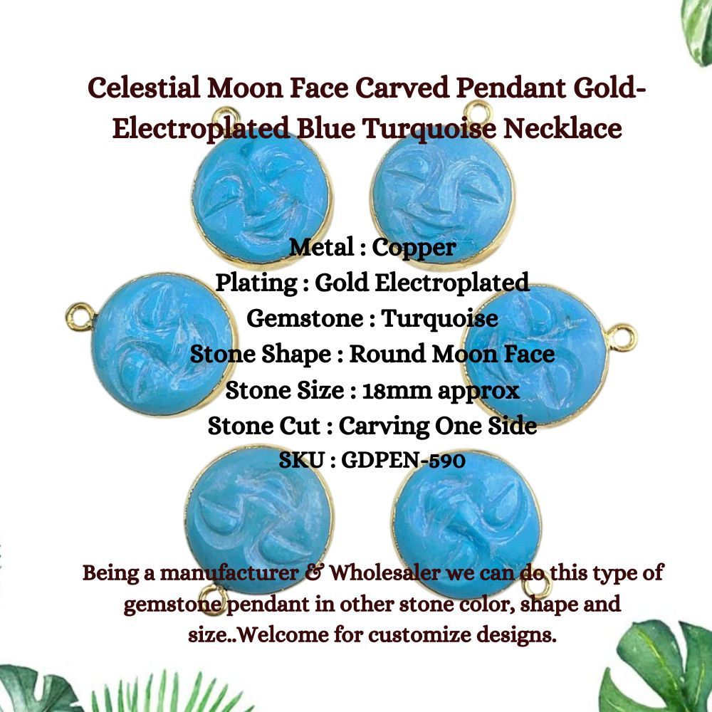 Celestial Moon Face Carved Pendant Gold-Electroplated Blue Turquoise Necklace Bohemian Jewelry- Selling Per Piece