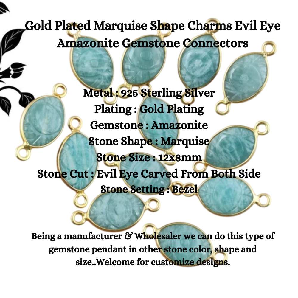 Gold Plated Marquise Shape Charms Evil Eye Amazonite Gemstone Connectors For Jewelry Making- Selling Per Piece
