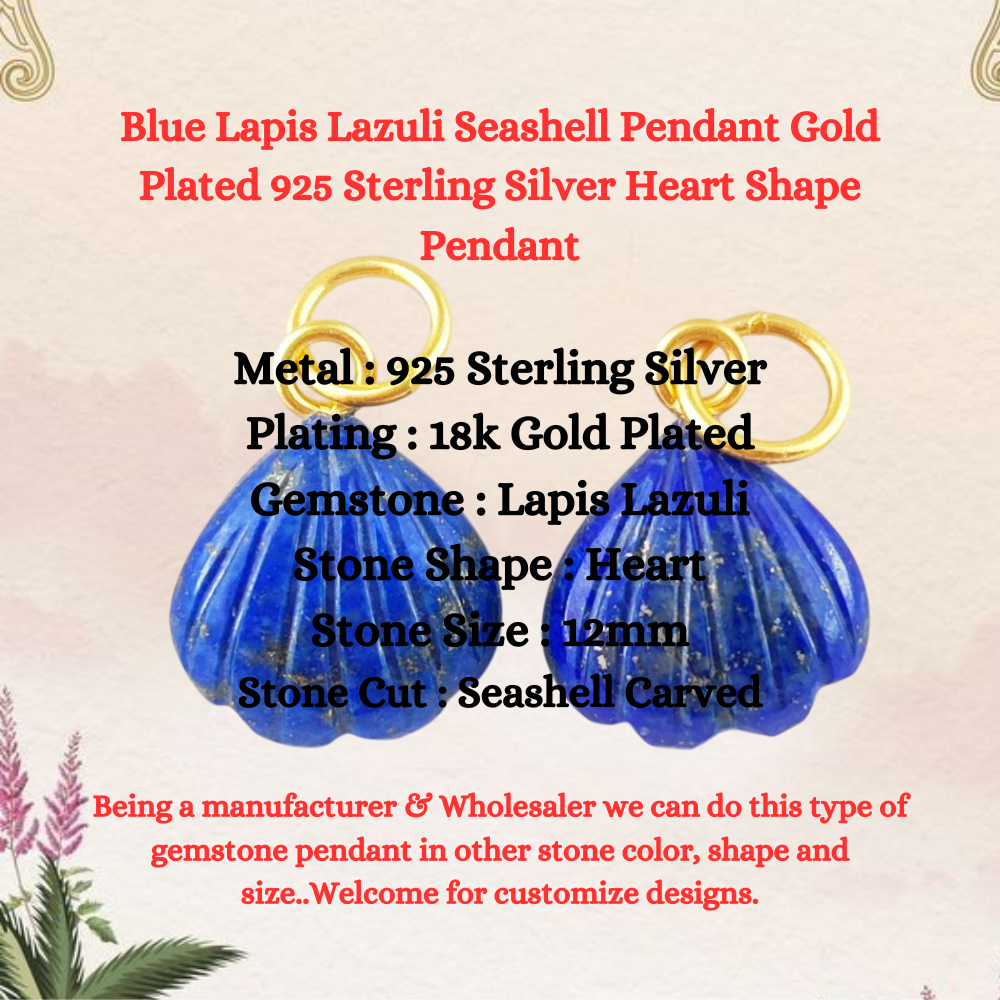 Blue Lapis Lazuli Seashell Pendant Gold Plated 925 Sterling Silver Heart Shape Gemstone Minimalist Jewelry- Selling Per Piece