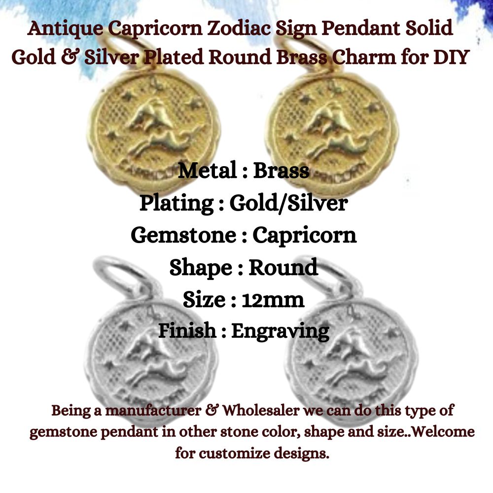 Antique Capricorn Zodiac Sign Pendant Solid Gold & Silver Plated Round Brass Charm for DIY Jewelry Making- Selling Per Piece