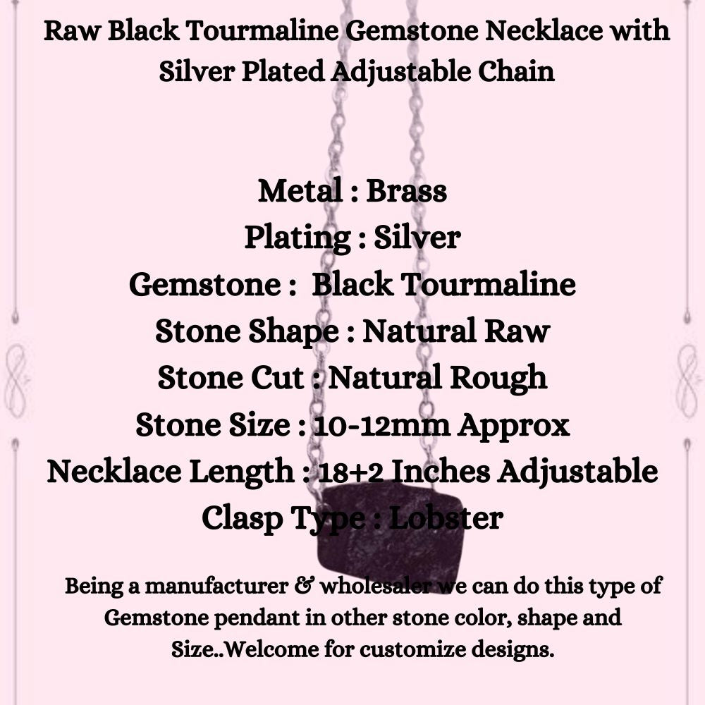 Raw Black Tourmaline Gemstone Necklace with Silver Plated Adjustable Chain