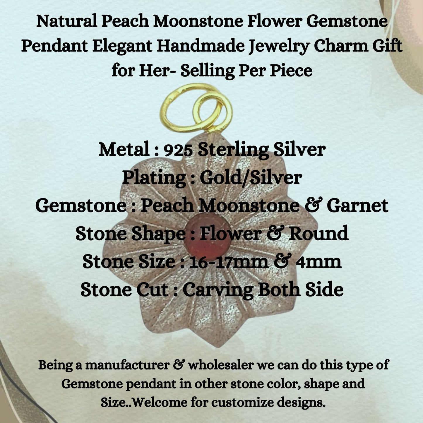 Natural Peach Moonstone Flower Gemstone Pendant Elegant Handmade Jewelry Charm Gift for Her- Selling Per Piece