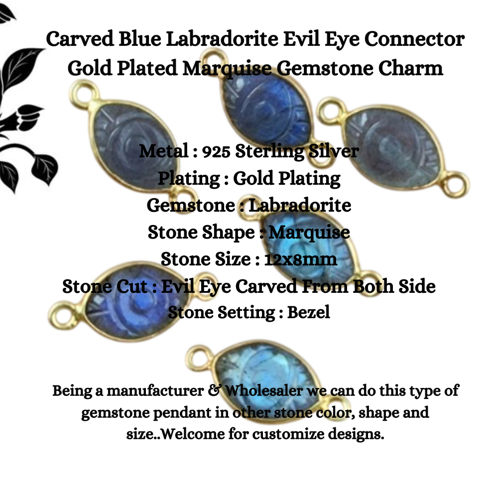 Carved Blue Labradorite Evil Eye Connector Gold Plated Marquise Gemstone Charm for Jewelry- Selling Per Piece