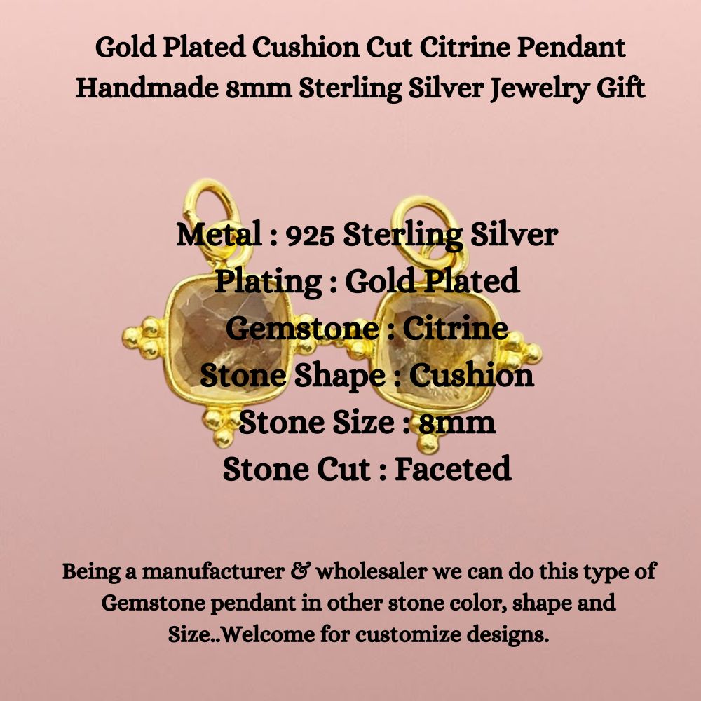8mm Cushion Cut Citrine Pendant - Gold Plated Sterling Silver Handmade Jewelry Gift
