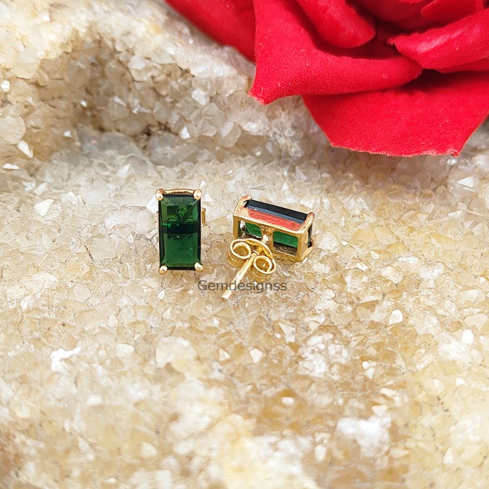 Dainty Green Emerald Baguette Shape Stud Earrings May Birthstone Gold Plated Gemstone Studs- Selling Per Pair