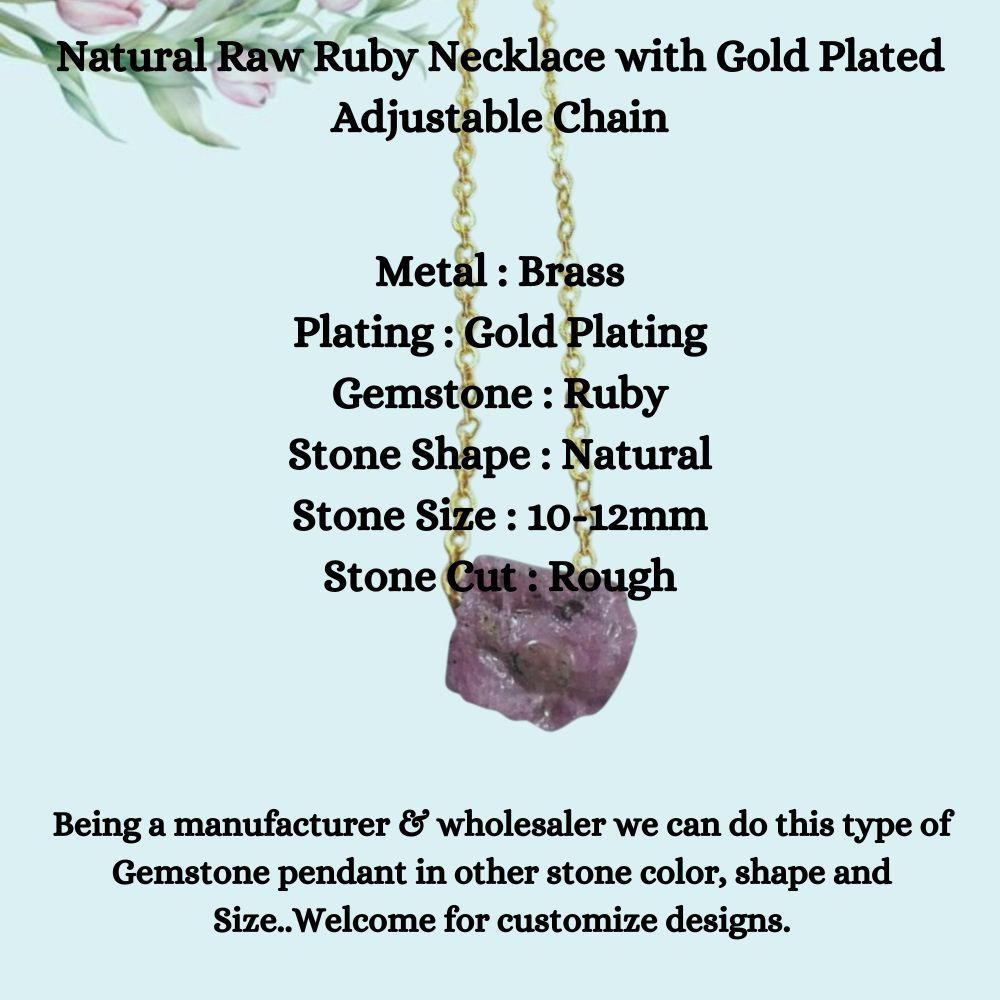 Natural Raw Ruby Necklace with Gold Plated Adjustable Chain