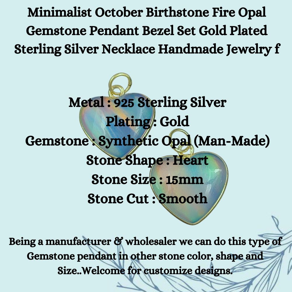 Minimalist October Birthstone Fire Opal Gemstone Pendant Bezel Set Gold Plated Sterling Silver Necklace Handmade Jewelry for Gift- Selling Per Piece