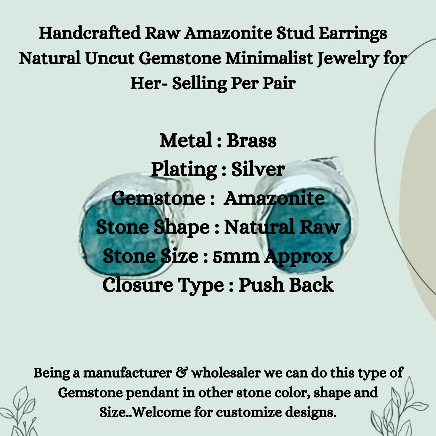 Handcrafted Raw Amazonite Stud Earrings Natural Uncut Gemstone Minimalist Jewelry for Her- Selling Per Pair