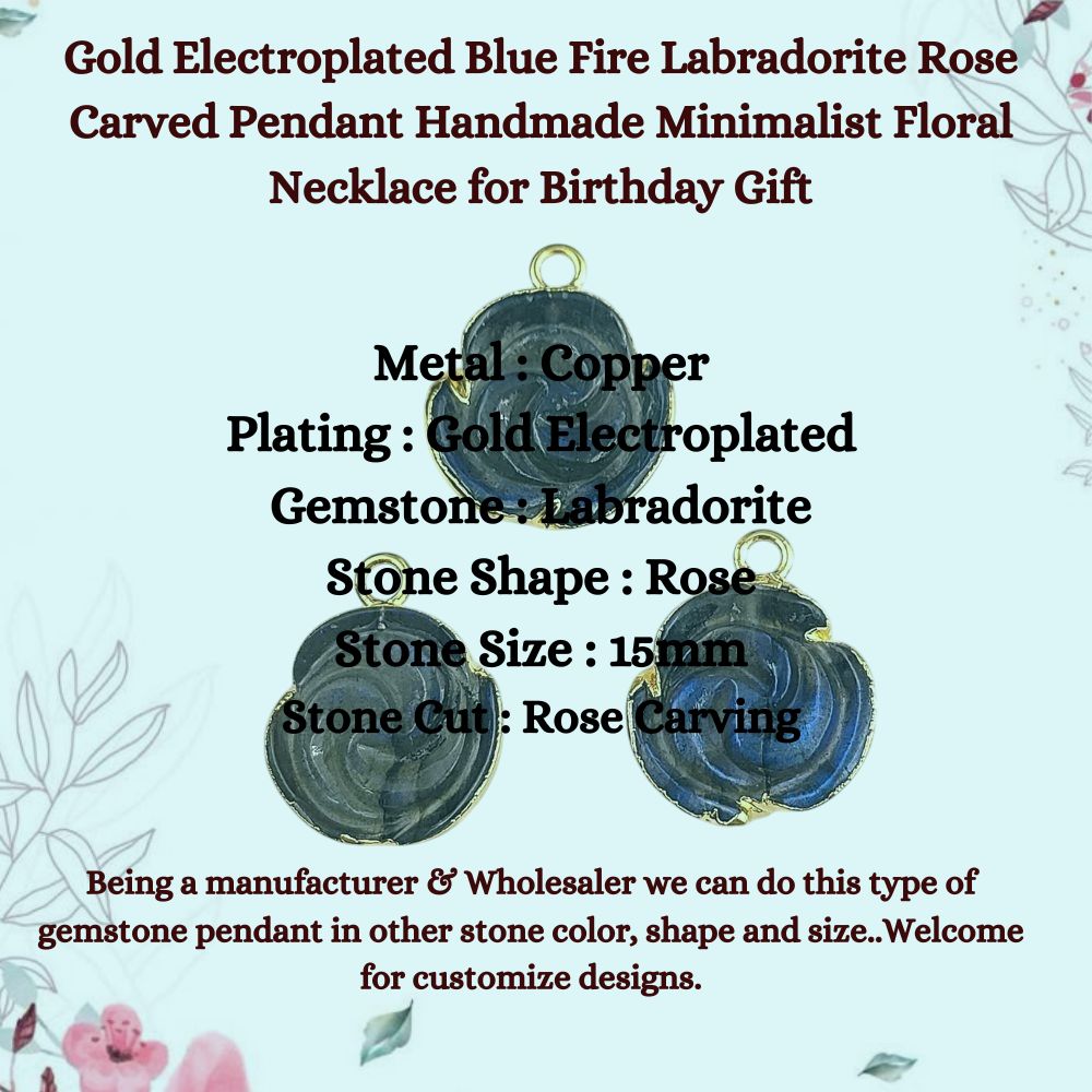 Gold Electroplated Blue Fire Labradorite Rose Carved Pendant Handmade Minimalist Floral Necklace for Birthday Gift- Selling Per Piece