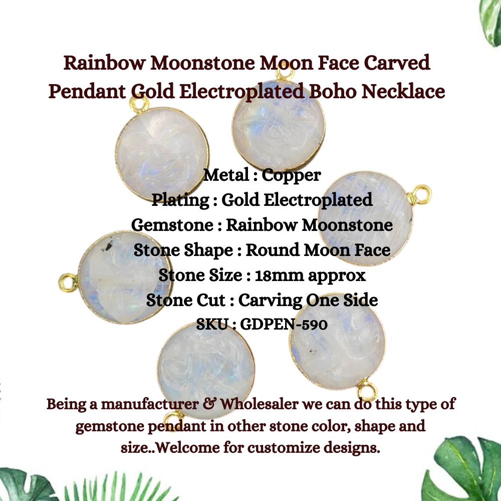 Rainbow Moonstone Moon Face Carved Pendant Gold Electroplated Boho Necklace Unique Gift Jewelry- Selling Per Piece