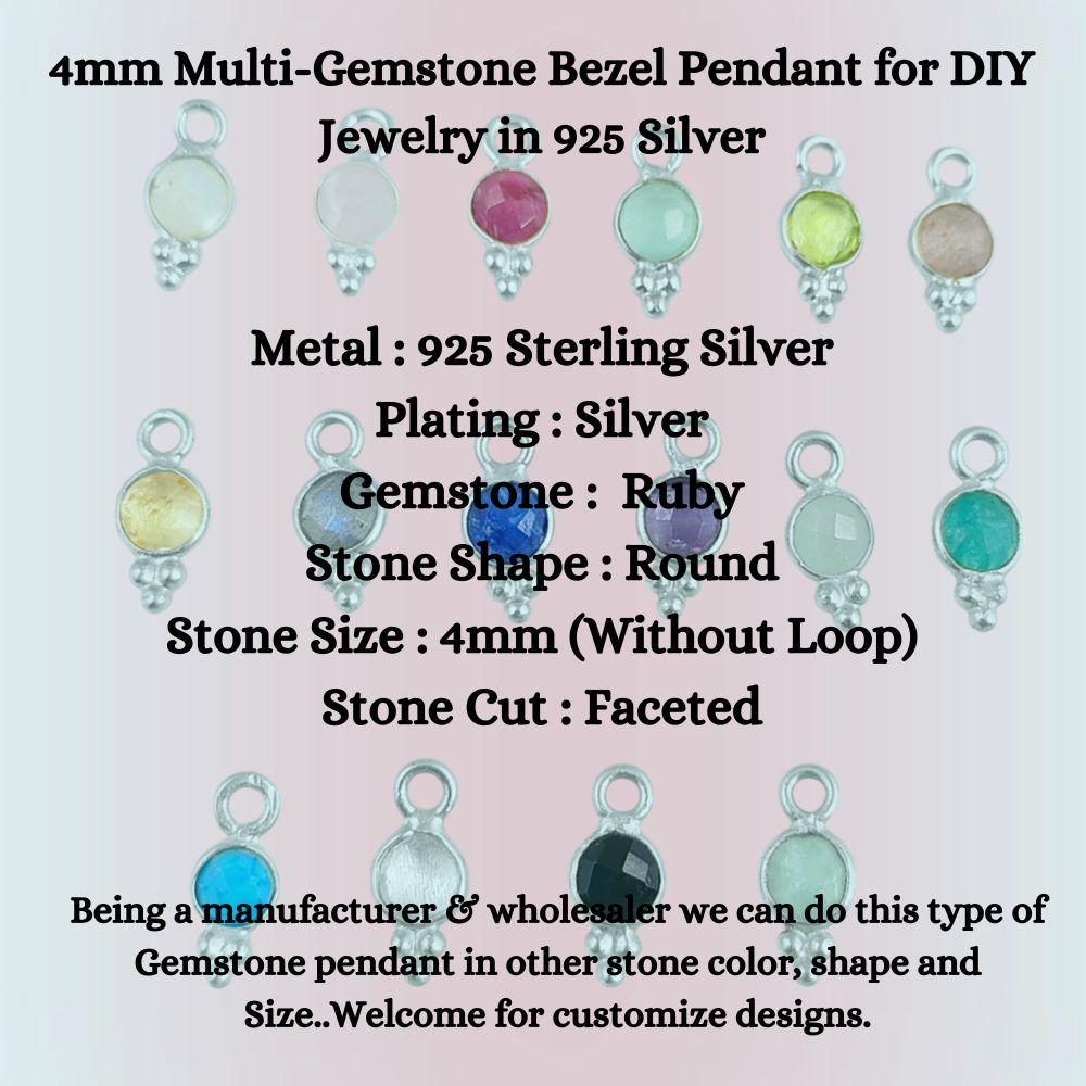 4mm Multi-Gemstone Bezel Pendant for DIY Jewelry in 925 Silver