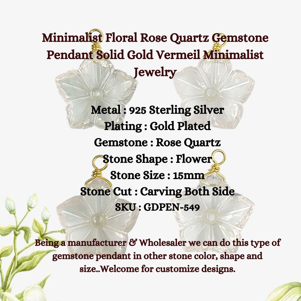 Minimalist Floral Rose Quartz Gemstone Pendant Solid Gold Vermeil Minimalist Jewelry For Women- Selling Per Piece