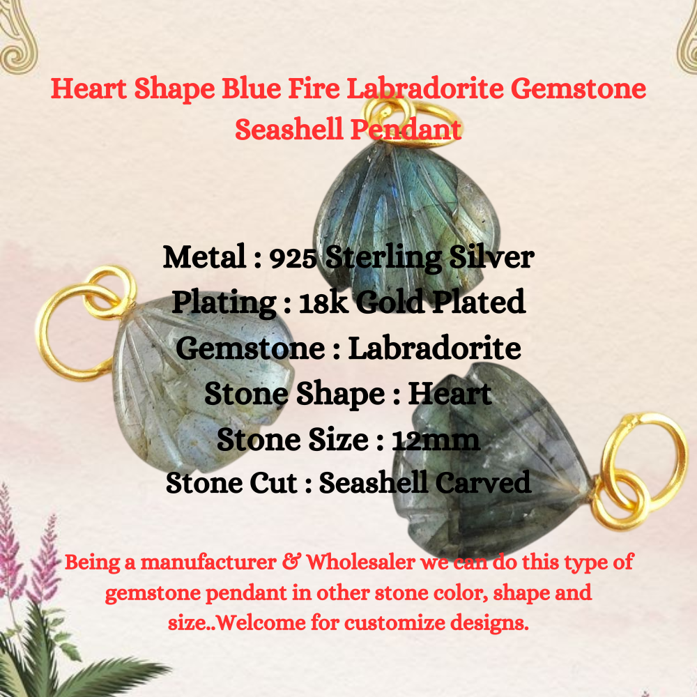 Heart Shape Blue Fire Labradorite Gemstone Seashell Pendant 18k Gold Plated Sterling Silver Handmade Jewelry- Selling Per Piece