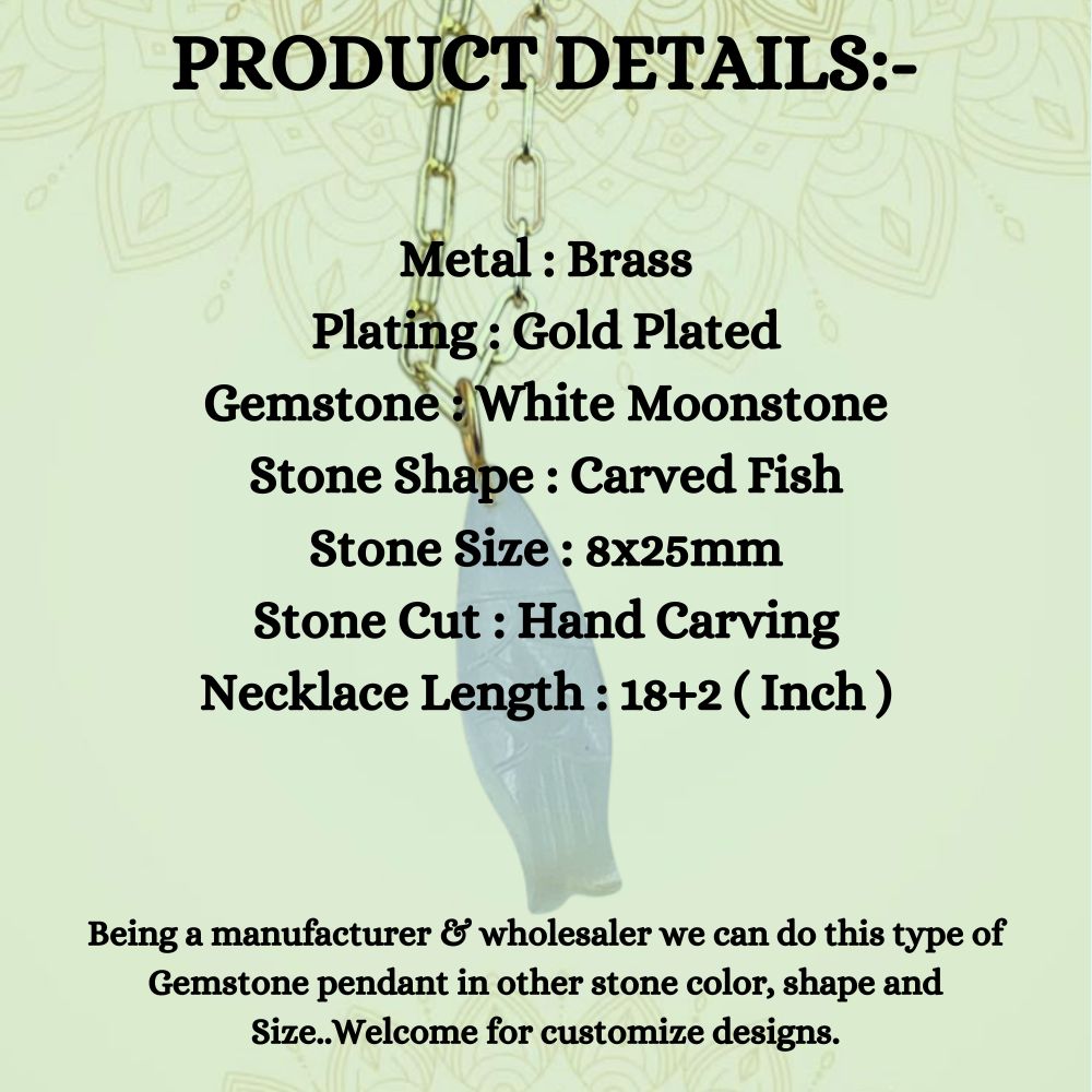 Spiritual White Moonstone Carved Fish Necklace Healing Crystal Pendant in Boho Gold Plate Chain- Selling Per Piece