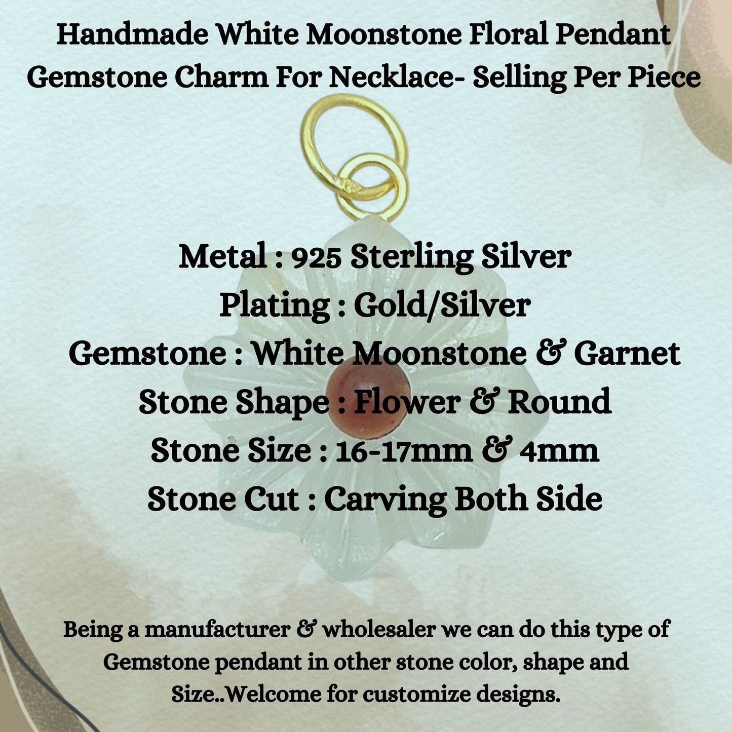 Handmade White Moonstone Floral Pendant Gemstone Charm For Necklace- Selling Per Piece