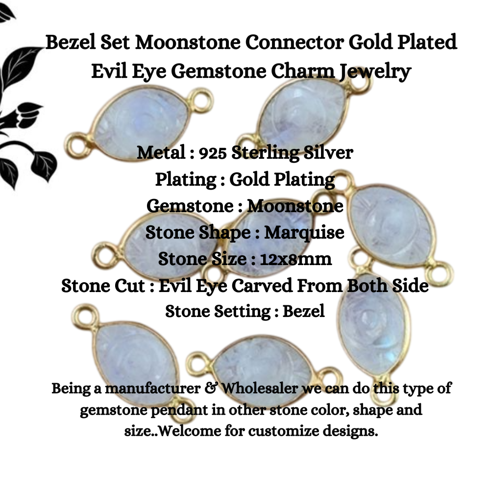Bezel Set Moonstone Connector Gold Plated Evil Eye Gemstone Charm Jewelry Making Findings- Selling Per Piece