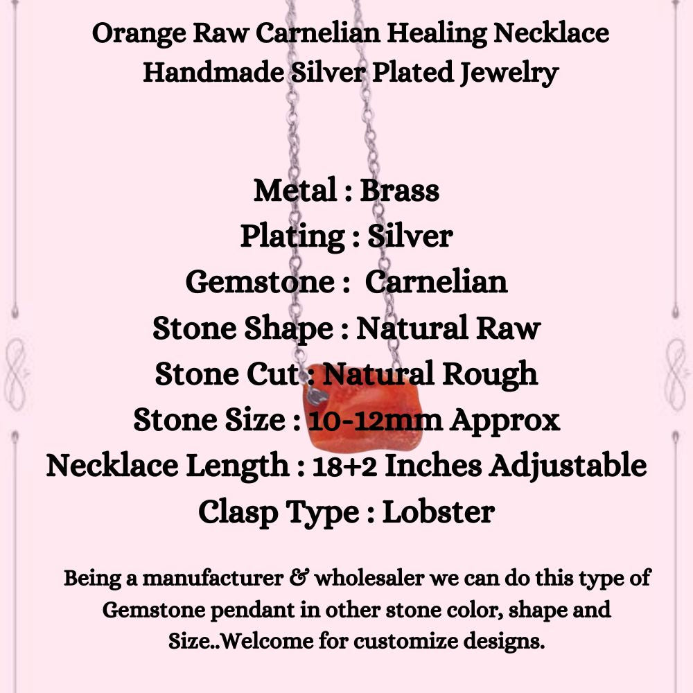 Orange Raw Carnelian Healing Necklace Handmade Silver Plated Jewelry