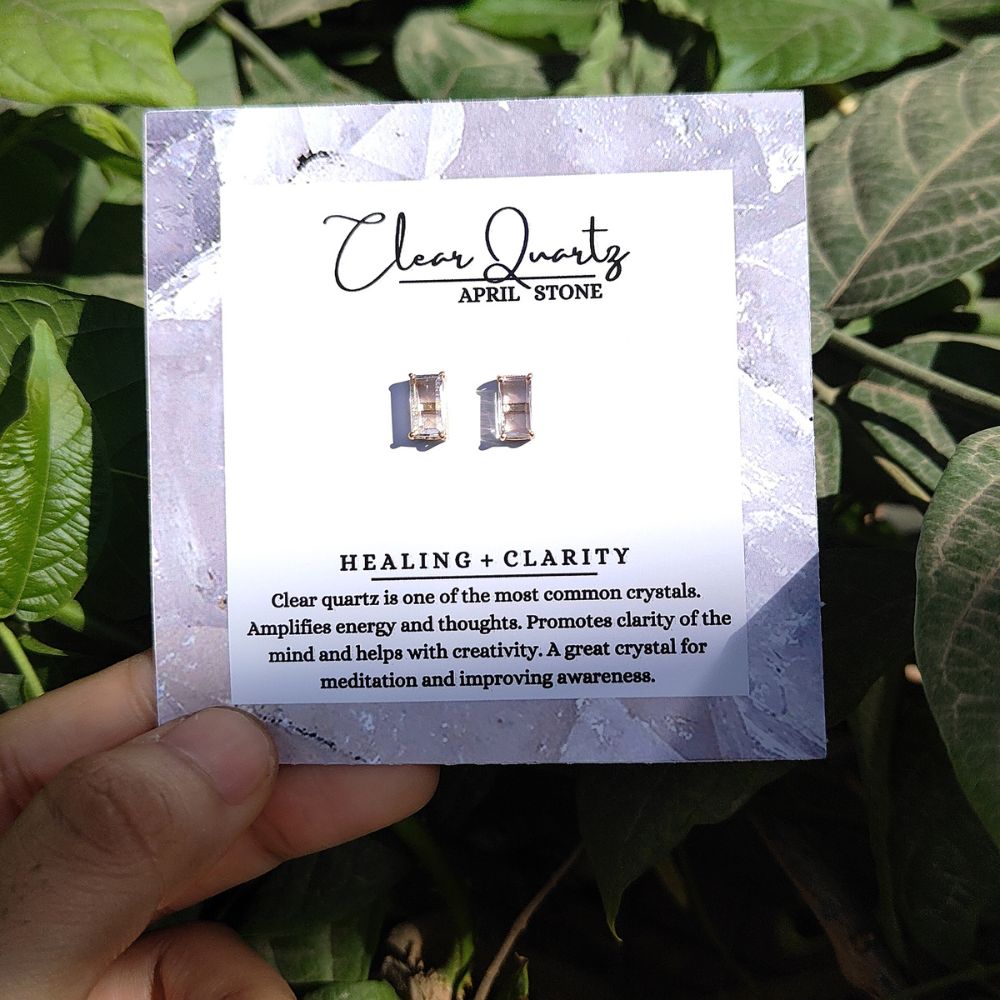 Handcrafted Clear Quartz Gemstone Stud Earrings Gold Plated 925 Sterling Silver Studs Dainty Jewelry- Selling Per Pair