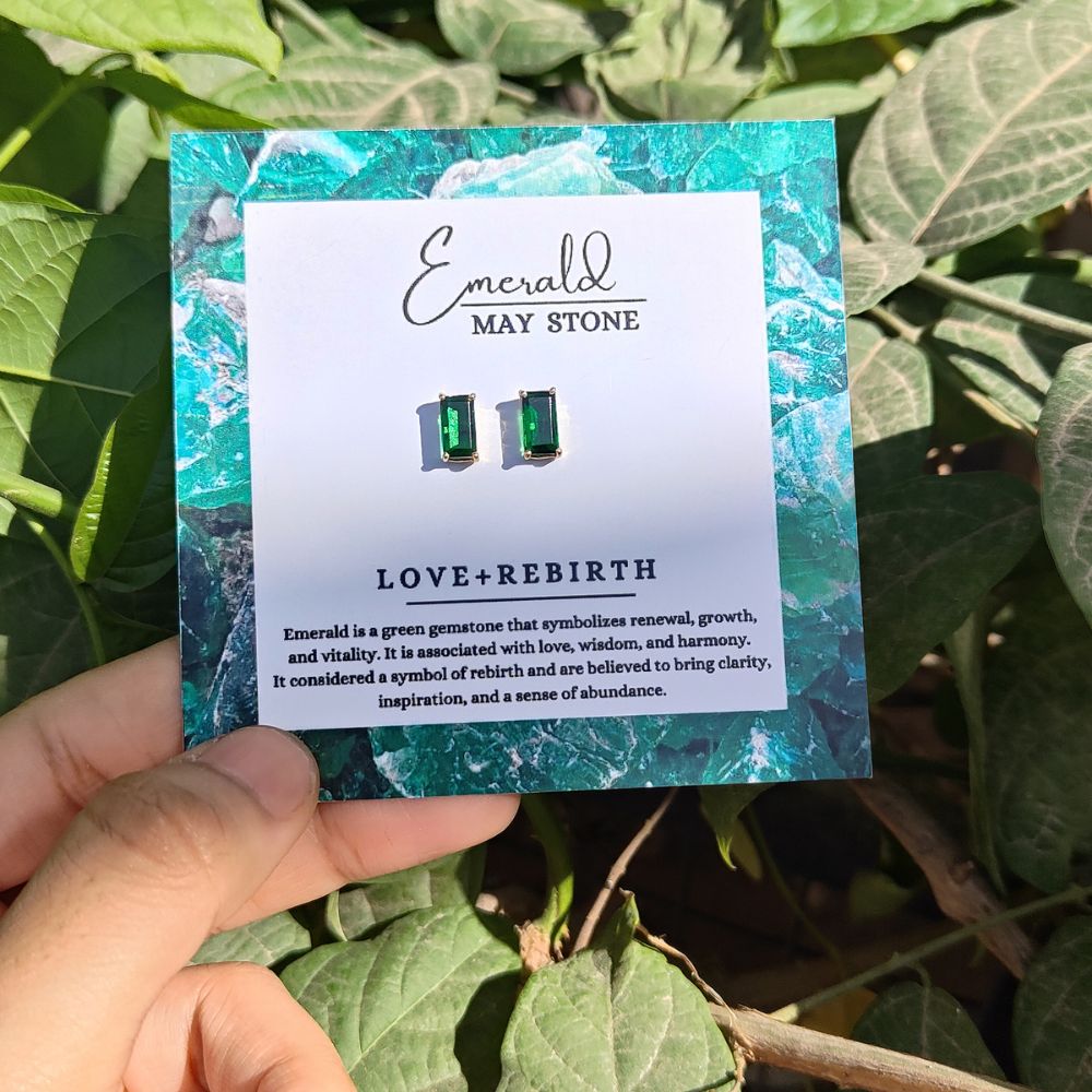 Dainty Green Emerald Baguette Shape Stud Earrings May Birthstone Gold Plated Gemstone Studs- Selling Per Pair