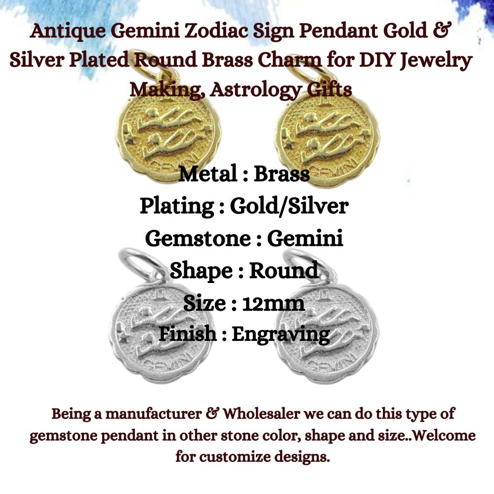 Antique Gemini Zodiac Sign Pendant Gold & Silver Plated Round Brass Charm for DIY Jewelry Making, Astrology Gifts and Craft Projects-Selling Per Piece