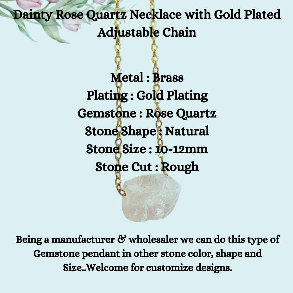 Dainty Rose Quartz Necklace with Gold Plated Adjustable Chain
