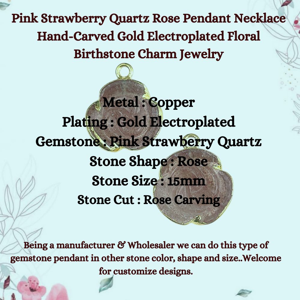 Pink Strawberry Quartz Rose Pendant Necklace Hand-Carved Gold Electroplated Floral Birthstone Charm Jewelry for Women & Girls- Selling Per Piece