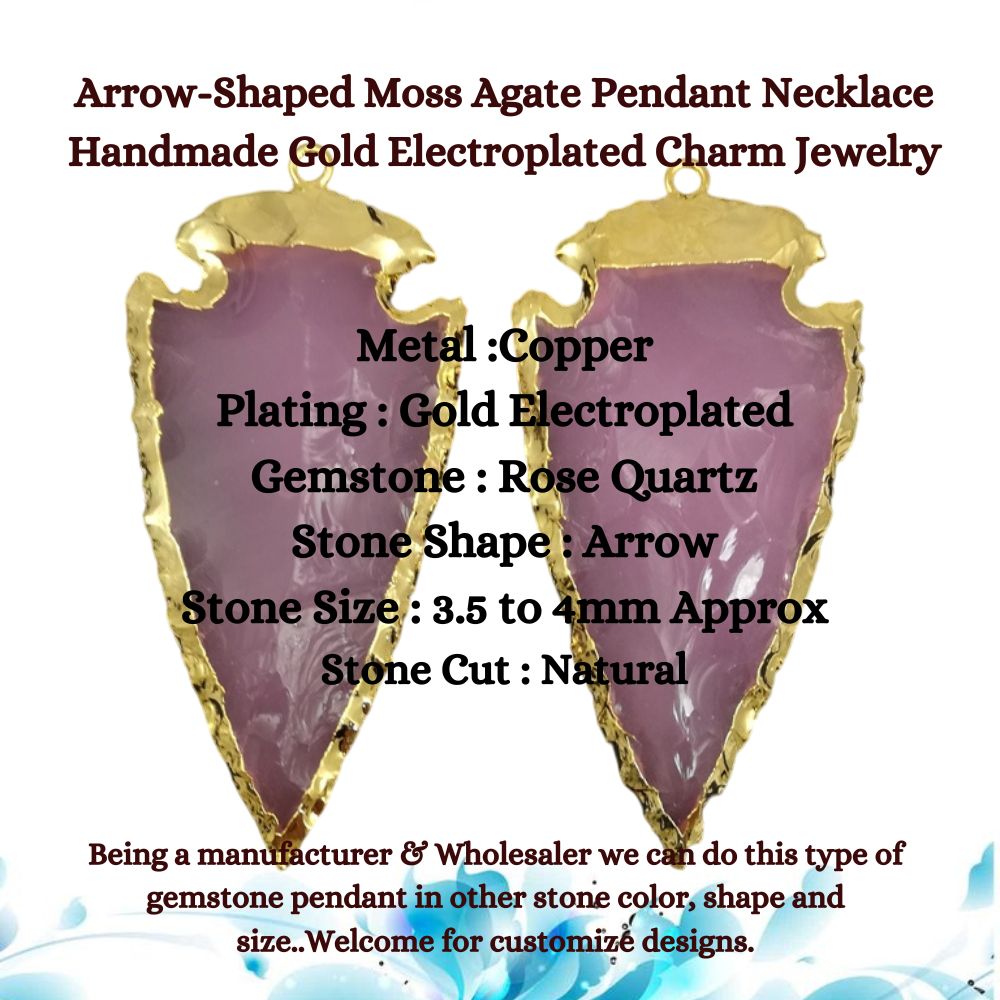 Rose Quartz Arrow Shaped Gemstone Pendant Necklace Gold Electroplated Birthstone Minimalist Jewelry- Selling Per Piece