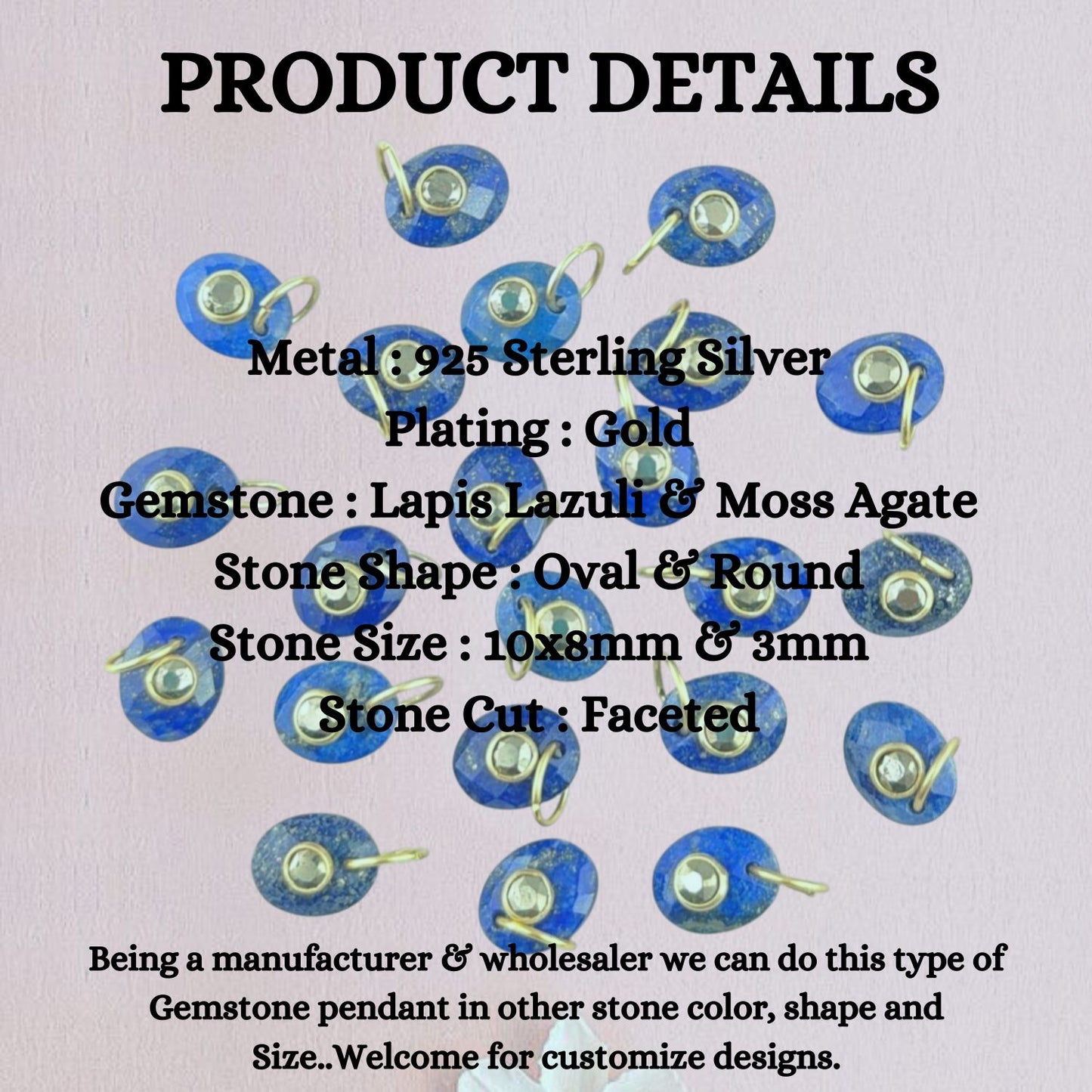 Lapis Lazuli & Moss Agate Gemstone Pendant Gold Plated Charms in 925 Sterling Silver- Selling Per Piece