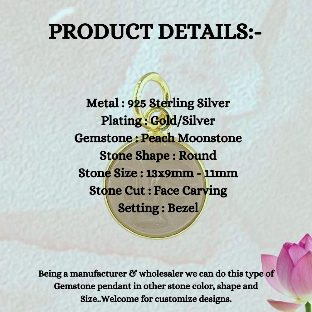 Gold Plated 925 Sterling Silver Peach Moonstone Moon Face Pendant Handmade Celestial Crystal Necklace Jewelry – Selling Per Piece